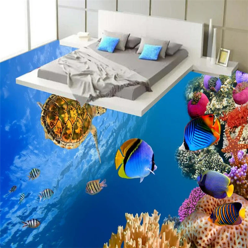 

beibehang Underwater world turtle coral sea fish 3D floor painting custom large fresco pvc wear floor paste papel de parede