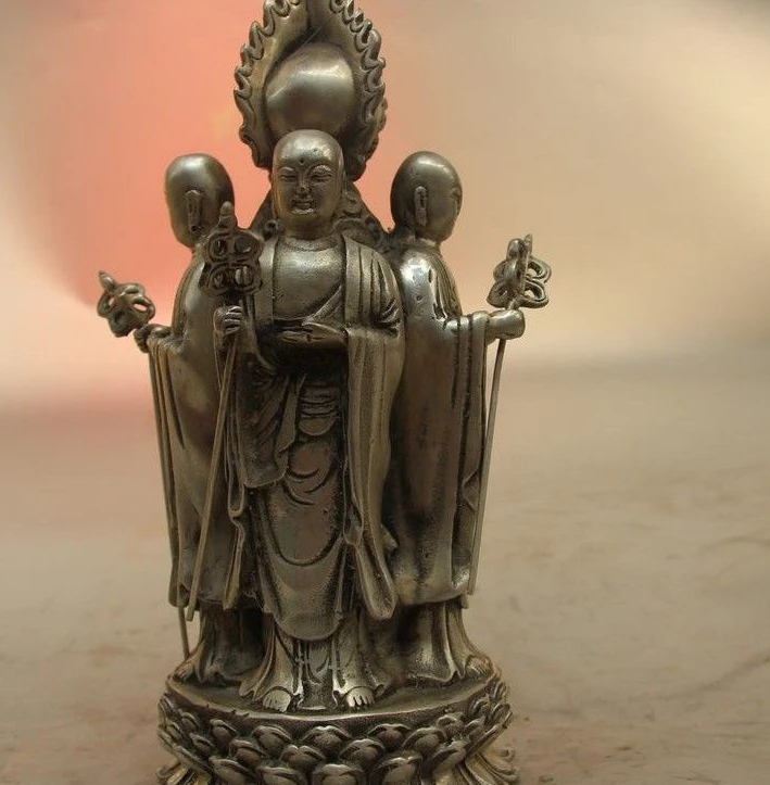 Tibet Buddhism White Copper Silver Four Side Jizo Ksitigarbha Xuan zang Statue