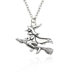 Punk Retro Witch Riding A Broom Necklace Fairy Alloy Neutral Pendant Fashion Men And Women Jewelry Halloween Gift Direct Sales