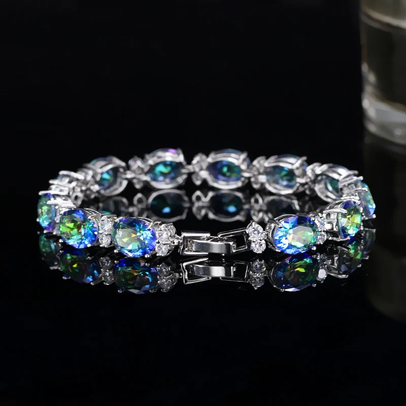 CWWZircons Brand Beautiful Round Oval Mystical Blue Rainbow Color Big Crystal Stone Bracelet Best Jewelry Gift for Women CB030