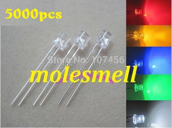 

free shipping 5000pcs=5Valuex1000pcs 5mm Red Yellow Blue Green White Flat Top LED Wide Angle Bright Leds 1000pcs each color kit