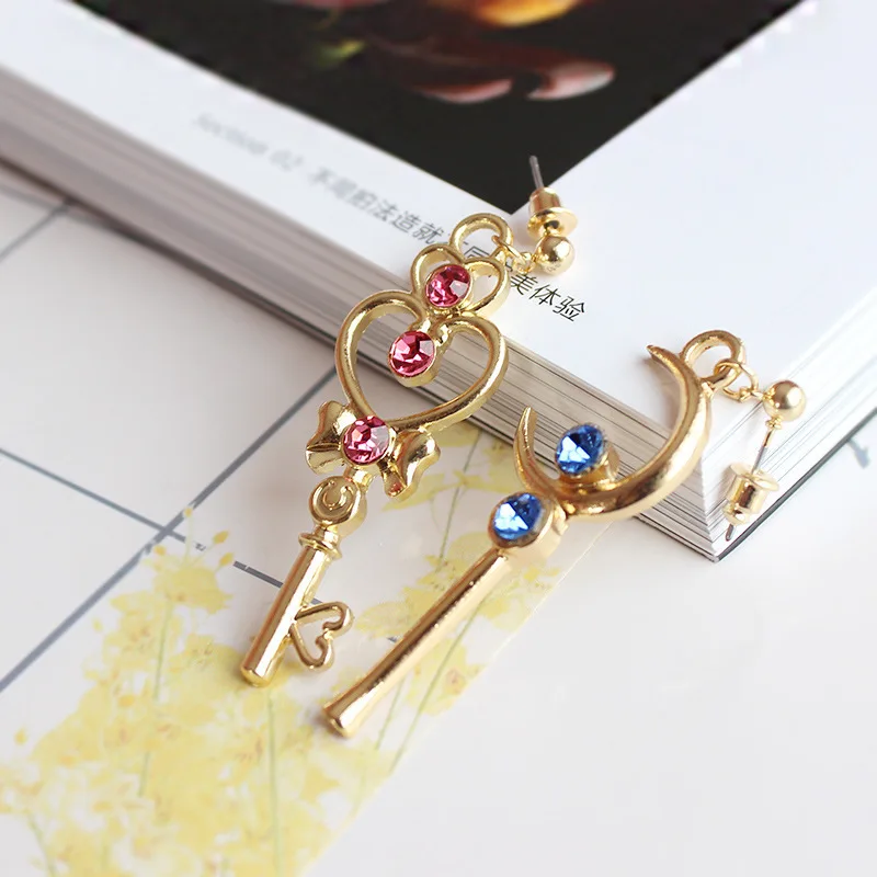 Drop shipping One Pair Gold Color with Blue Red Crystal Key Shaped Star Moon Dangle Earrings