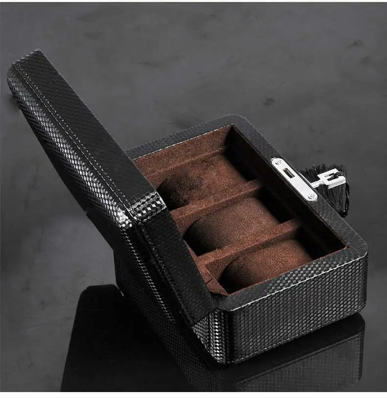 New 3 Slots Leather Watch Organizer Black Watch Case Storage Box With Lock Carbon Watch Box For Men Gift Boxes