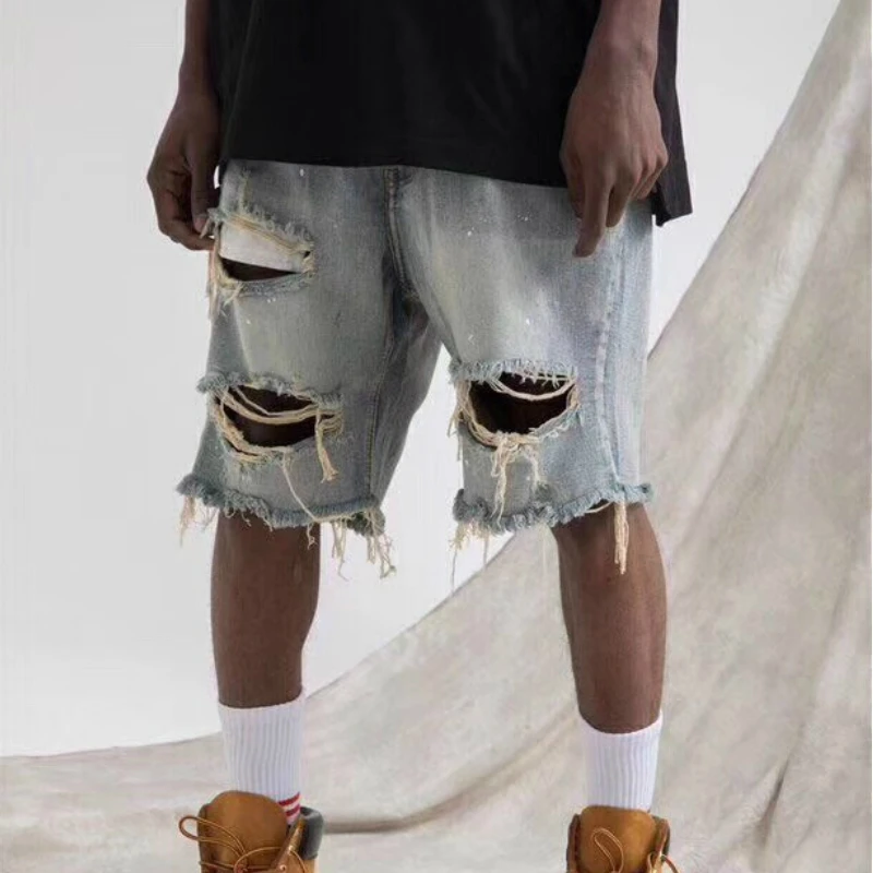 Spray Paint Washed Blue Denim Shorts Hip Hop Skateboarder Ripped Jeans Summer Streetwear