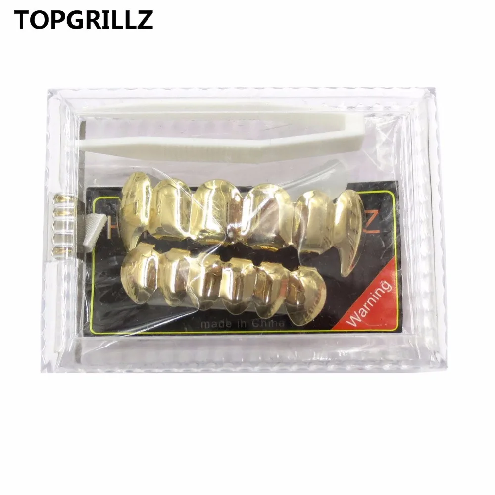 TOPGRILLZ Pure Gold Color Plated HIP HOP Teeth Grillz Top & Bottom Grill Set With silicone Teeth ship from US