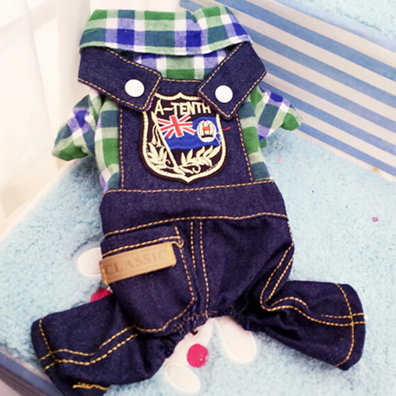 High Quality Leisure Plaid Clothes Dog Pet Denim Straps Jeans Overalls Pet Costumes Dogs Jumpsuits Jacket Four Leg Dog Clothing