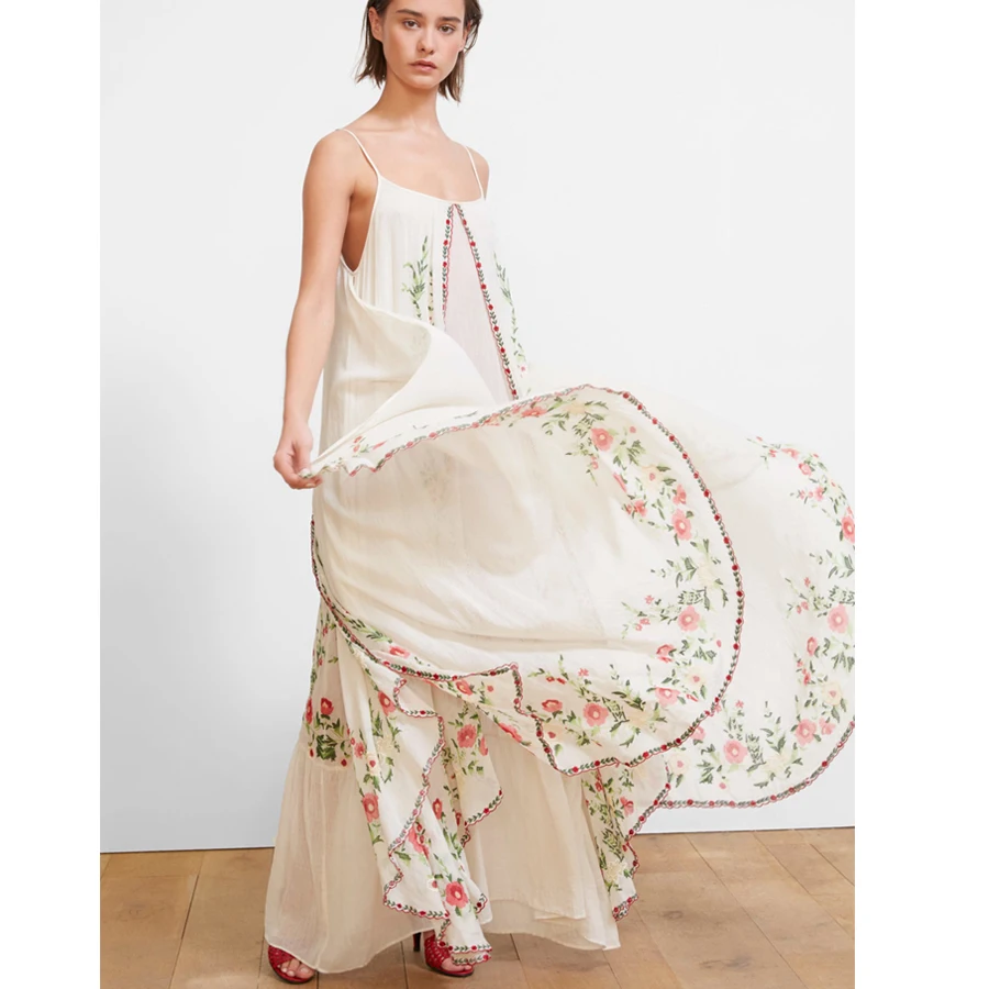 TEELYNN Maxi biała sukienka boho Vintage, w kwiaty haftowane bez rękawów pasek długie letnie sukienki odzież plażowa kobiety sukienka Vestido