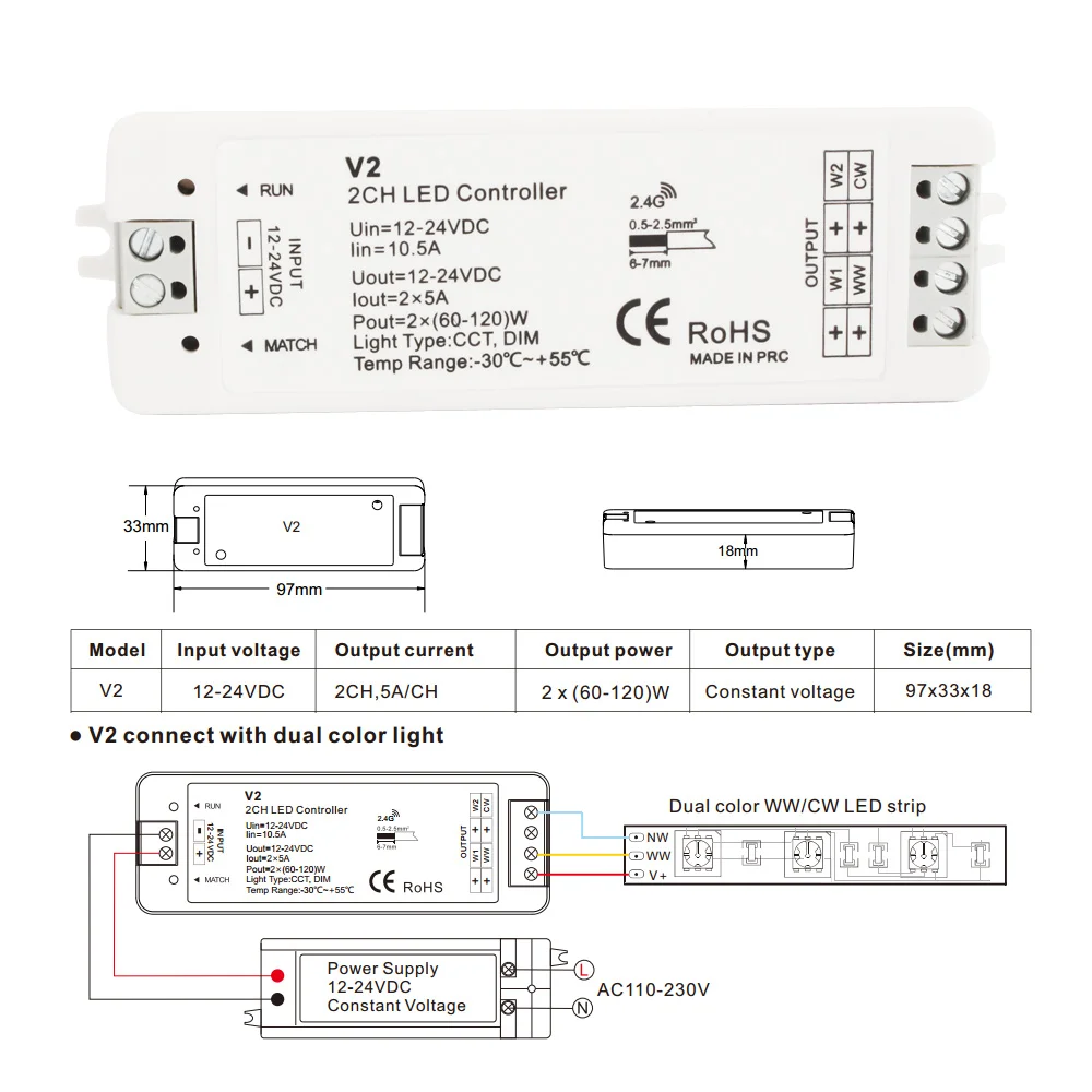 WW CW LED Controller 12V 24V 10A 2CH 2.4G Single Color CCT Light Strip LED Dimmer Controller RF Wireless Remote with Holder V2