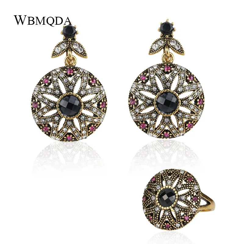 2 Pcs/lot Fashion Indian Pink Crystal Gold Bridal Jewelry Sets Vintage Hollow Flower Star Pattern Ring Earrings For Women