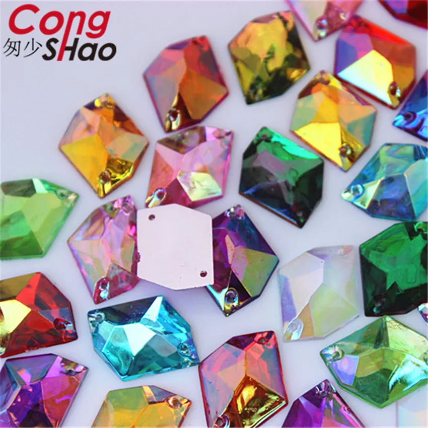 Cong Shao 100pcs 13*17mm AB Color cosmic shape flatback Acrylic rhinestone stones crystals sewing 2 Hole costume Button CS606