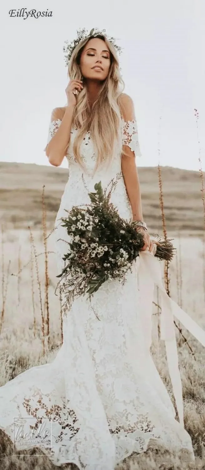 Country Style Boho Wedding Dress Mermaid Off the Shoulder Short Sleeve Lace Bridal Gowns Outdoor vestido de noiva boho hochzeit image 5
