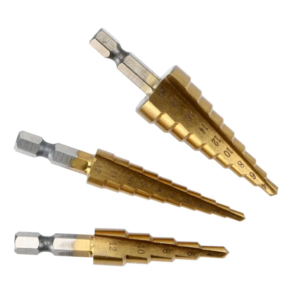 3pcs HSS Metric Titanium Coated Step Drill Bit Set 3-12mm 4-12mm 4-20mm Woodworking Wood Metal Drilling Cutting Tools With bag