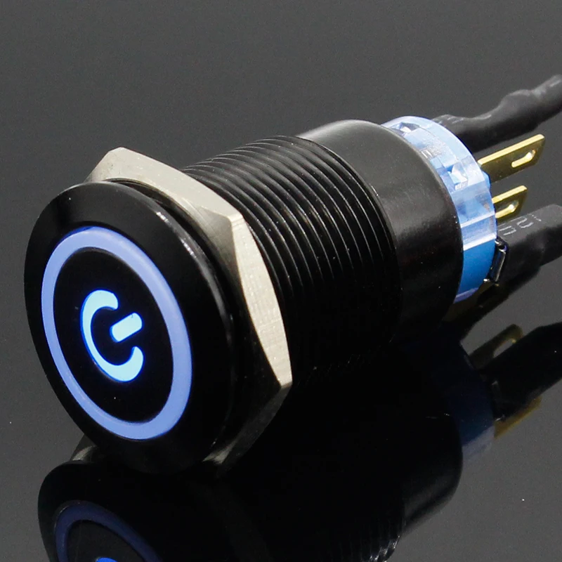 19mm Metal Alumina black press button Led power mark lamp button Momentary/Latching control PushButton Switch 5V 12V 24V 220V