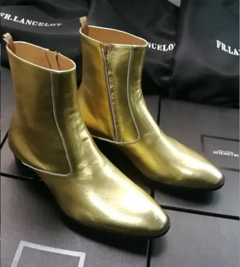 2019 FR.LANCELOT Brand Gold Shiny Patent Leather Genuine Leather Side Zipper High Top Men Boots Chelsea Boots Flats Shoes Mens