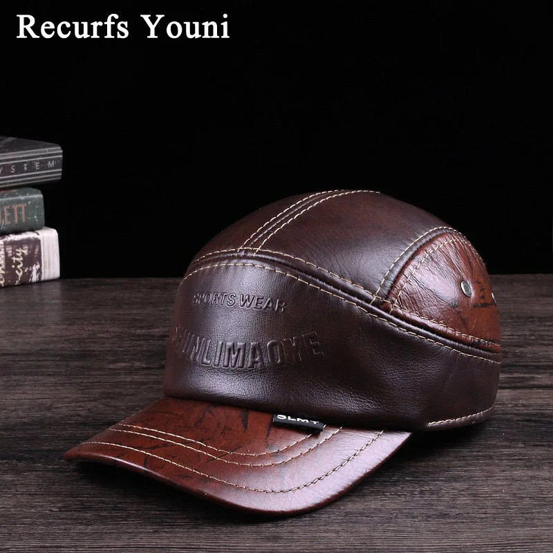 RY121 New 2023 Winter Man Genuine Leather Baseball Caps Male Casual Cowhide Belt Ear Warm 56-60 Adjustable Sprot Flight Hats