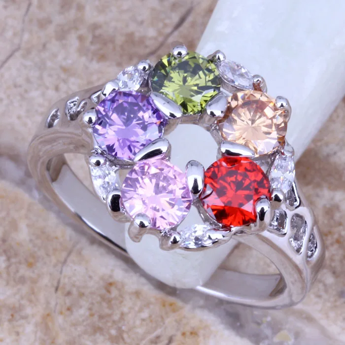 Prominent Multicolor Red Garnet Silver Plated  Women's Jewelry Ring Size 6 / 7 / 8 / 9 R0398