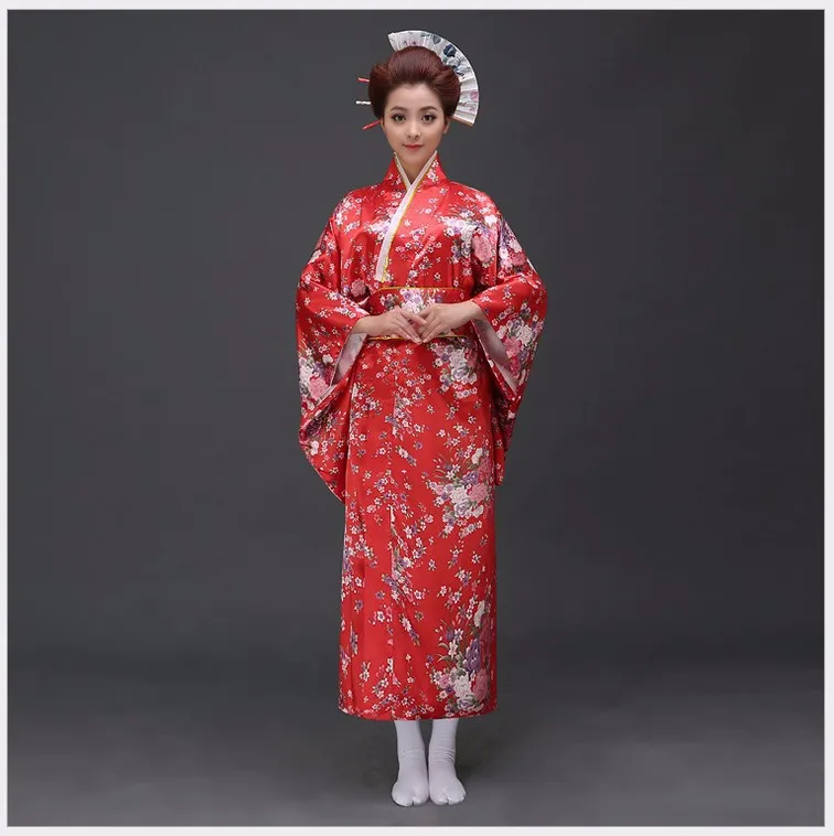 New Arrival Japanese Traditioinal Satin Kimono Classic Yukata With Obi Sexy Vintage Women's Prom Dress Floral One Size