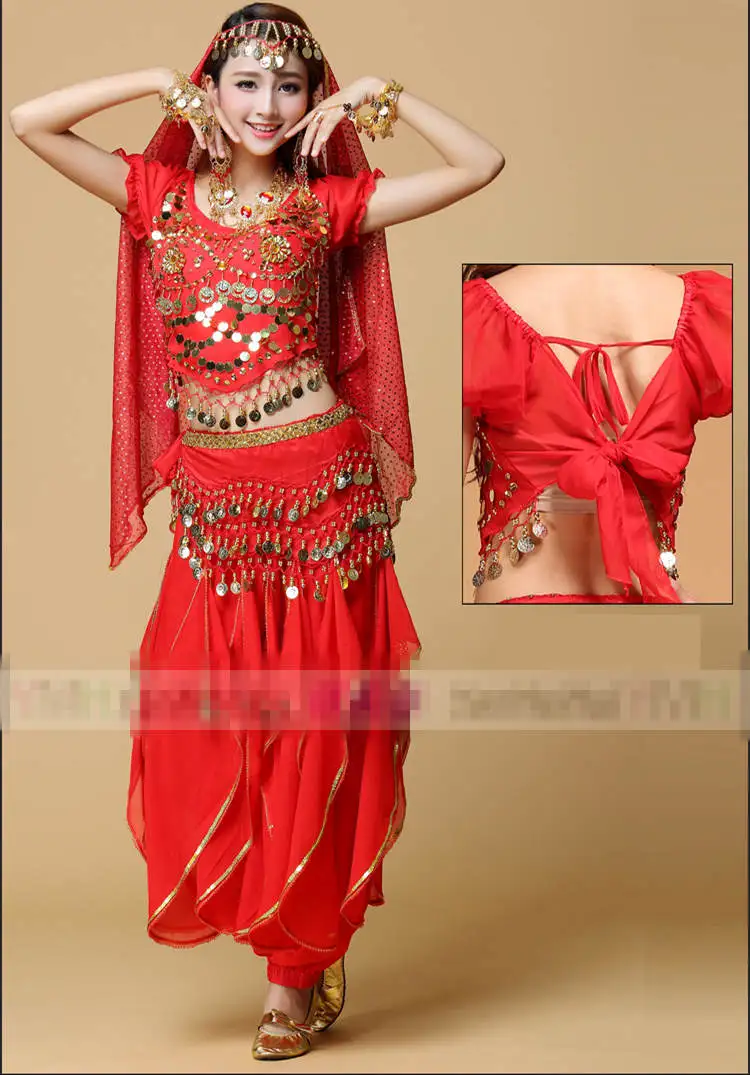 2017 Belly Dancing Costumes 5Pcs Top & Pants & Waist Chain & Tire& Veil Suit Indian Dance Indian Clothes Belli Dancer Free Ship