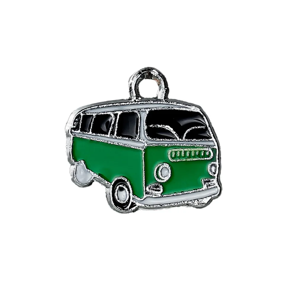 DoreenBeads Zinc Based Alloy Car Bus Charms For Jewelry Making Pendants Silver Color Black & Green Enamel 20mm x 18mm, 5 PCs