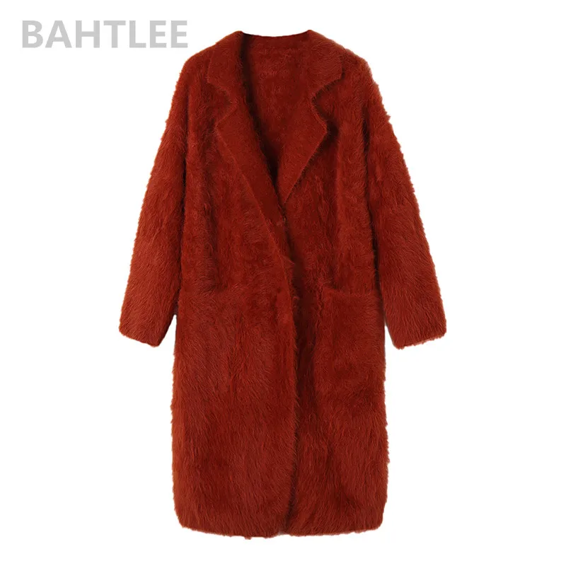 BAHTLEE-Women\'s Long Winter Sweater, Angora Rabbit Cardigans, Loose Fashion, Pearl Button Pocket, Very Thick, Keep Warm