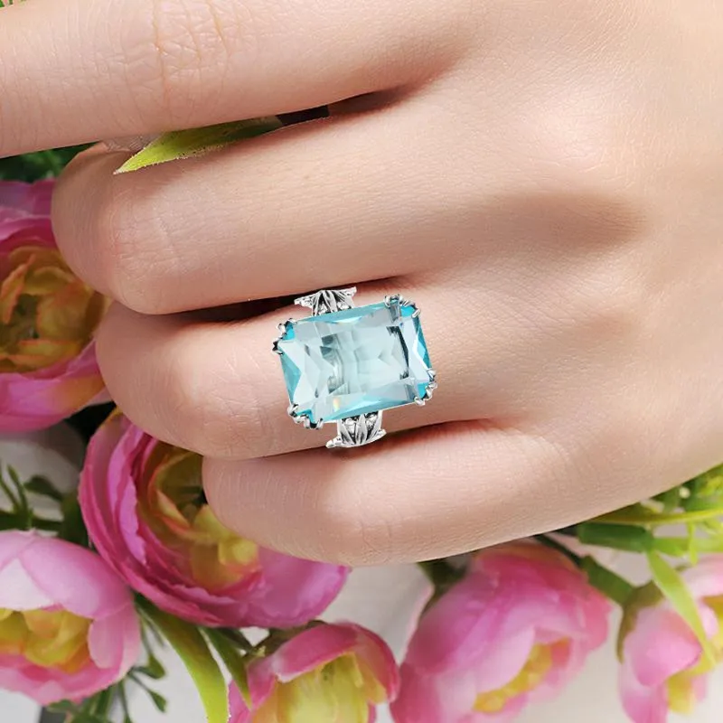 Luxury Square Charms Handmade Vintage Women\'s 925 Sterling Silver Birthstones Sky Blue Crystal Wedding Ring Brand Jewelry