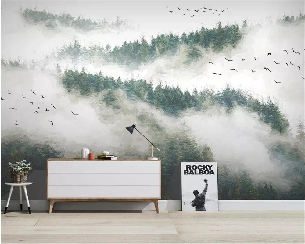 Custom 3d wallpaper Hand-painted pine forest clouds birds fog Bedroom Living Room Hotel home decoration background wall stickers