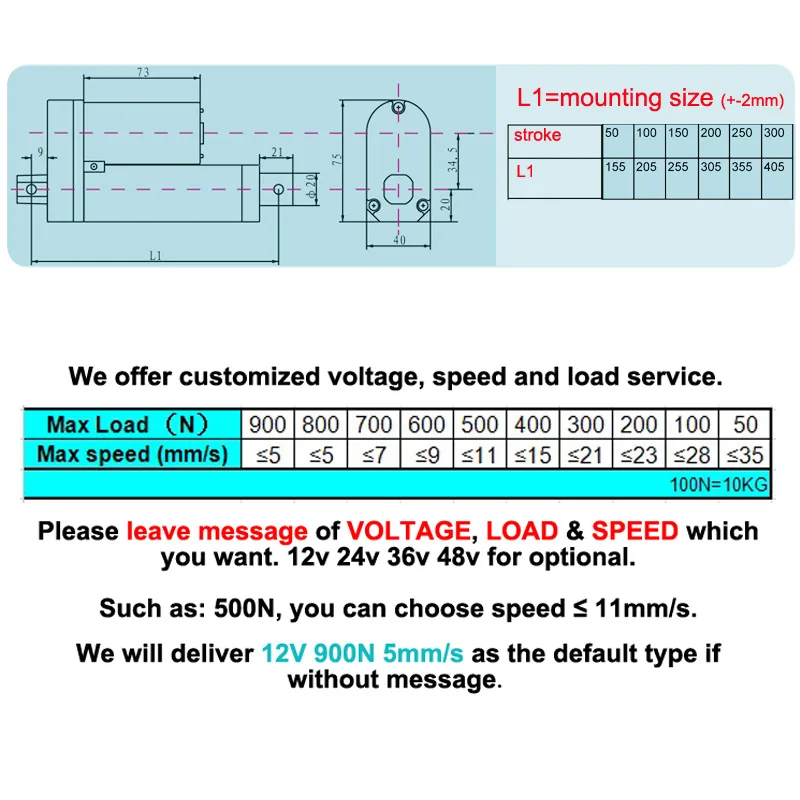 Wholesales 12-48v 50-250mm 2-10 Inch Stroke 900N 90KG Load Customized Speed Tubular Motor Mini Electric Linear Actuator