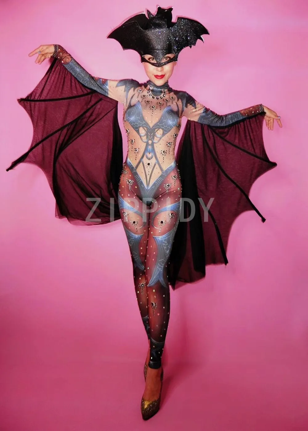 Yeni tasarım Yarasa Rhinestones Baskılı Streç Tulum Akşam Balo Parti Bodysuit Kadın Şarkıcı Dansçı Gece Kulübü Kıyafet
