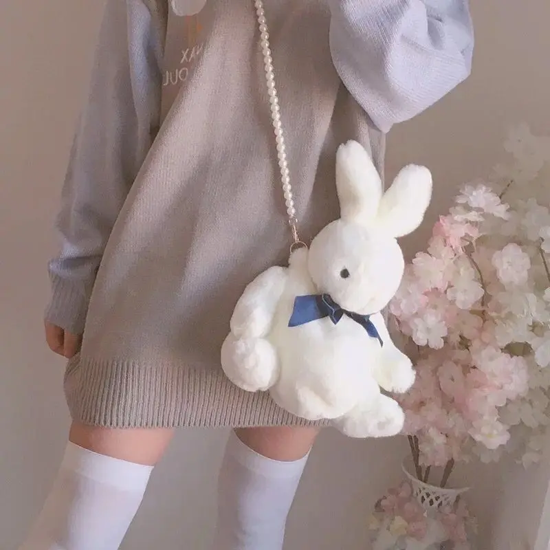 Kawai Girl Bunny Rabbit Bag Lolita Silk Bowknot Soft Plush Toy Doll Single Shoulder Portable Pearl Chain Bag Christmas gift