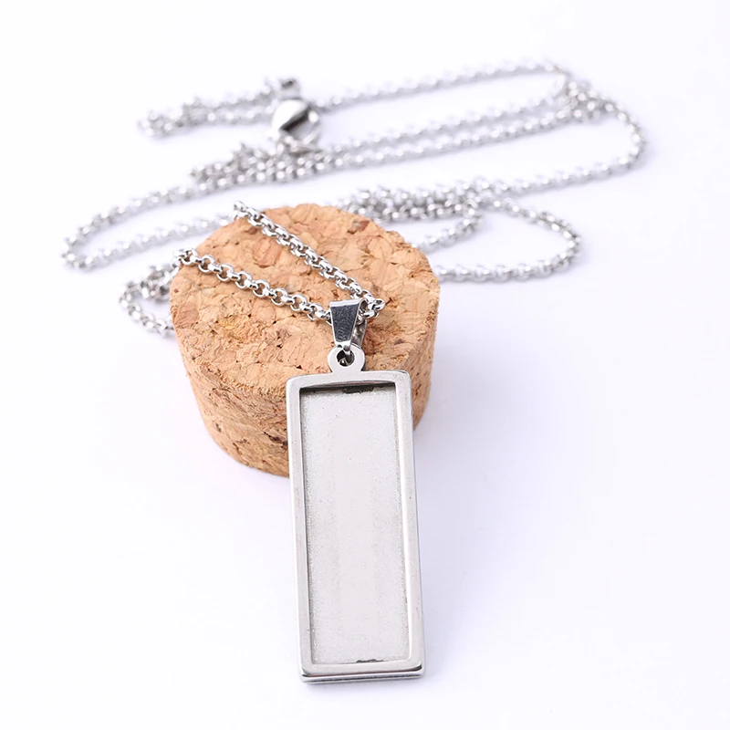 onwear 5pcs stainless steel pendant cabochon base settings 10x30mm rectangle necklace bezel tray blanks with chain diy findings