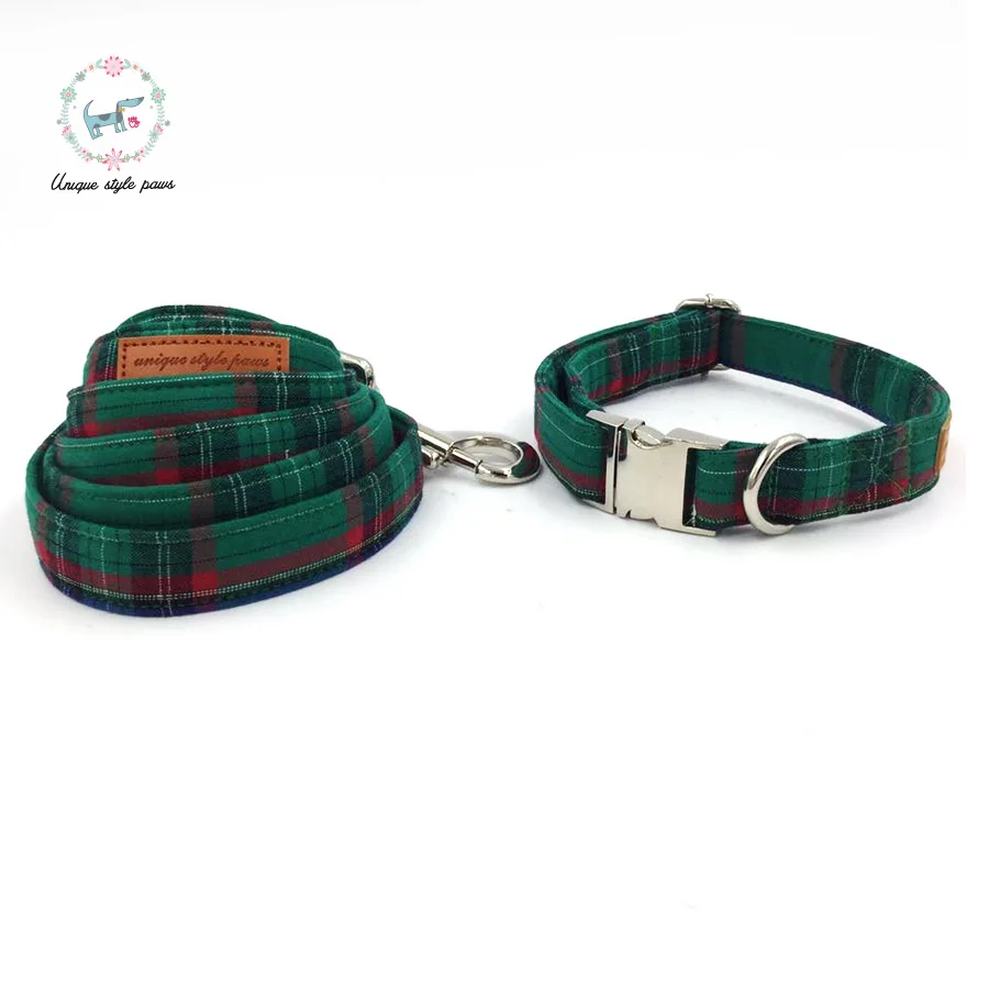 Dark Green Plaid Dog Collar with Bow Tie Metal Buckle Dog &Cat Necklace Dog Leash for Big and Small Dog and Cat Pet Accessories