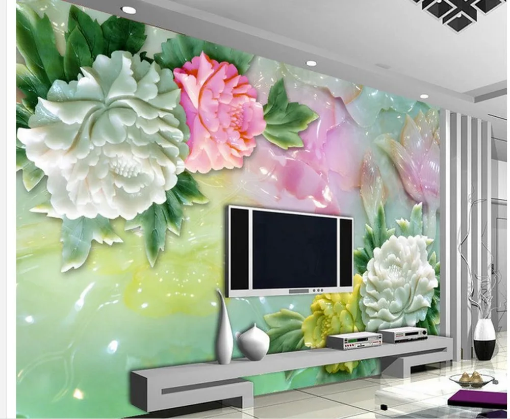 

3d wallpaper Jade carving peony flowers background painting bathroom 3d wallpaper custom 3d photo wallpaper