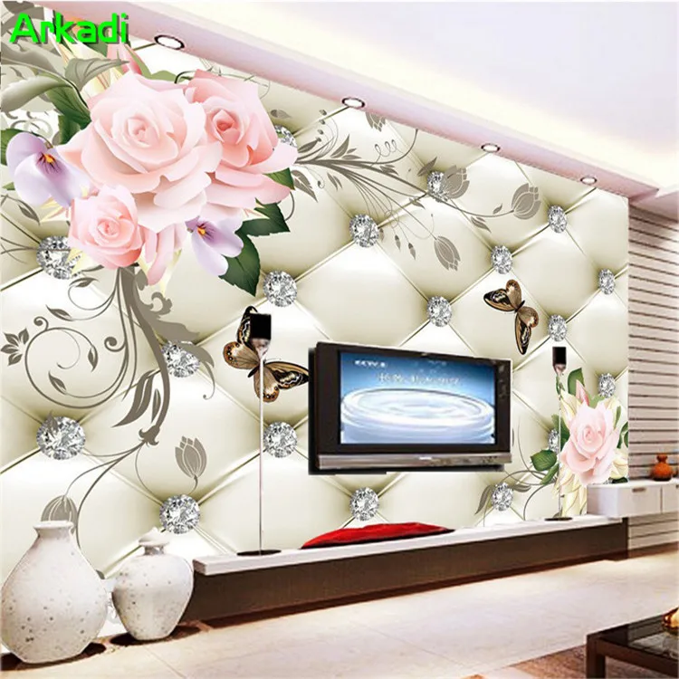 

European soft 3d simple flower diamond butterfly wallpaper living room sofa TV background wall image wall customization