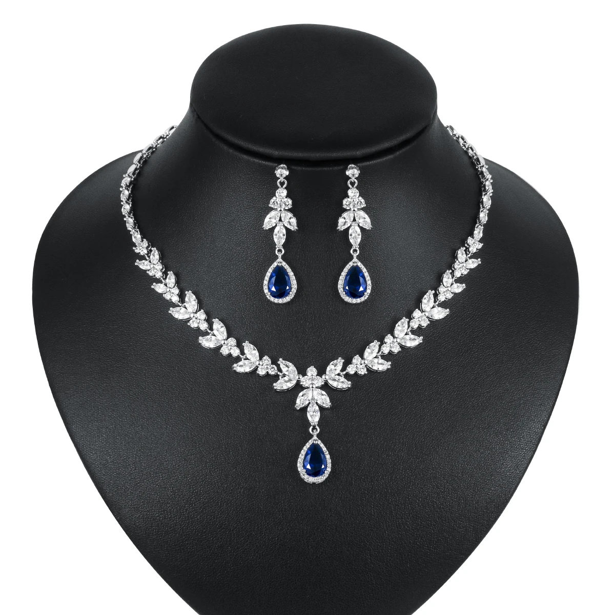 WEIMANJINGDIAN Brand Blue Teardrop and Marquise Cut Cubic Zirconia CZ Crystal Necklace and Earrings Bridal Wedding Jewelry Set