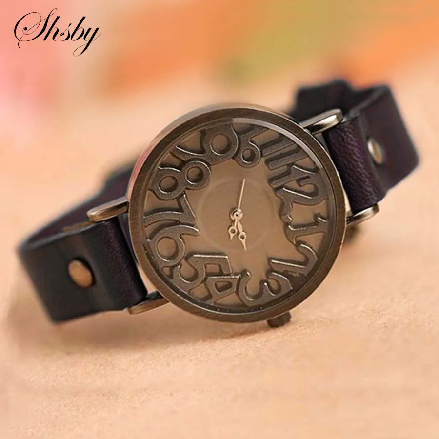 Shsby-Montre-bracelet vintage en cuir de vache véritable pour femme, numérique, amissié, à quartz, loisir