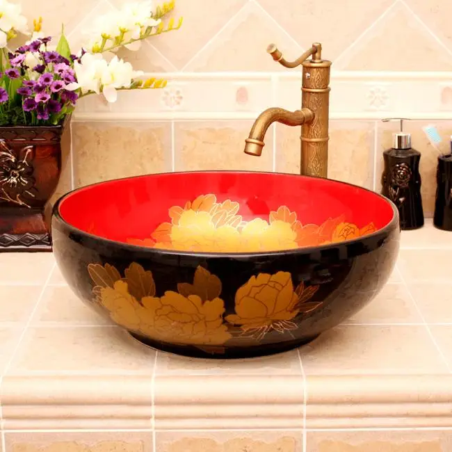 

China Painting Peony Ceramic Painting Art Lavabo Bathroom Vessel Sinks Round counter top wash sink ceramic hand painted