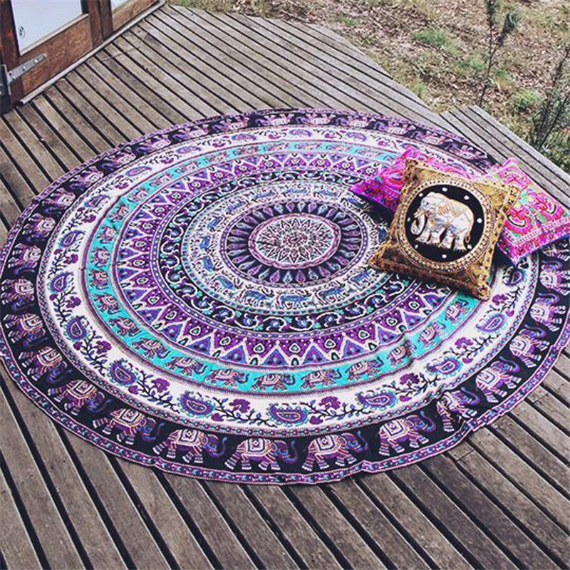 Indian Mandala Round Elephant Tapestry Wall Hanging Summer Beach Throw Yoga Mat Boho Decorative 150Cm Round Beach Towel 30