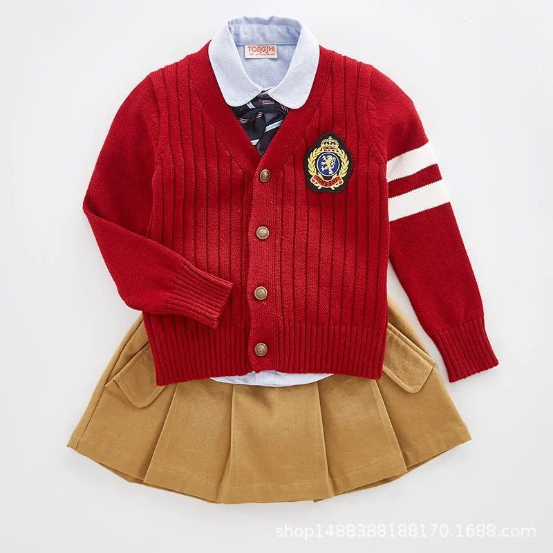 Sacchetto di Scuola dei bambini Bambini Uniformi della Camicia del Maglione del Pannello Esterno Uniformi di Scuola Materna Per Bambini In Cotone Cardigan Della Maglia Del Collare di V Vestito di 4 pz D-0624