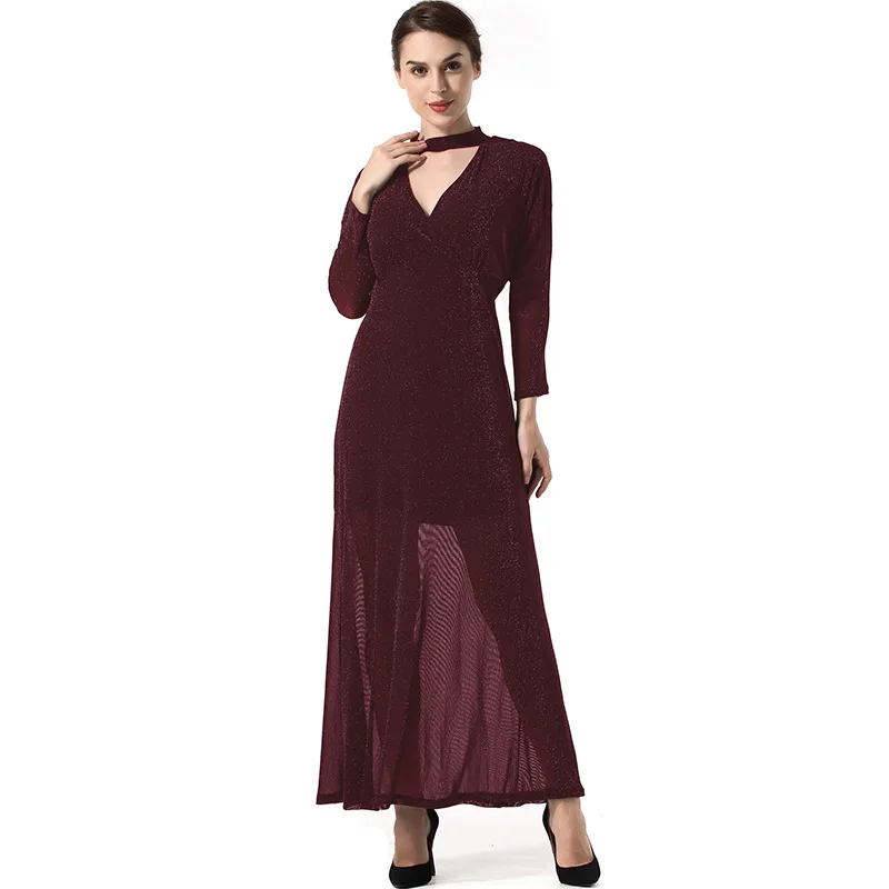 YSMILE Y Women Fashion Shine Slim Dress Female Sexy V-Neck Long Party Straight Dress Lady Black Wine Red Solid Women Clothes