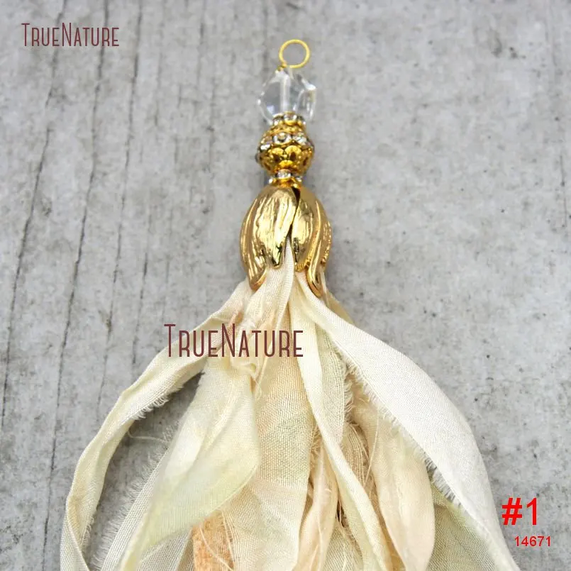 Sari Silk Tassel Tulip Cap Ivory Ribbon Pendant Boho Chic Jewelry PM14661