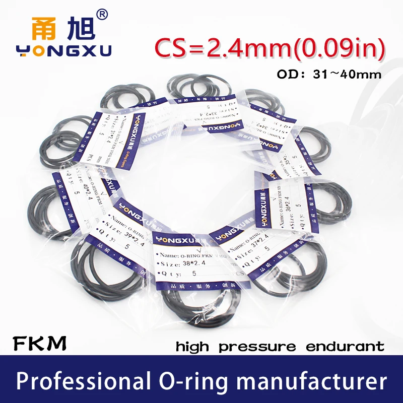 5PCS/lot Black FKM Fluorine Rubber O-rings Seals CS2.4mm OD31/32/33/34/35/36/37/38/39/40*2.4mm ORing Seal Gasket Sealing Washer