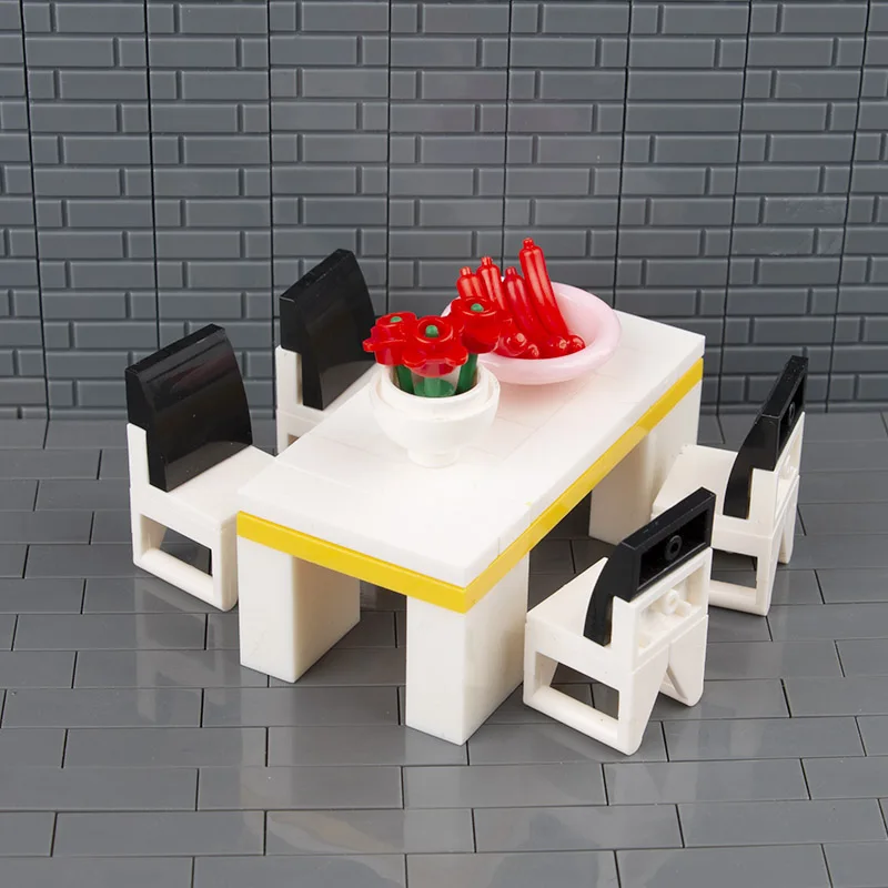 City Accessories MOC Bricks Desk Table Chair Building Blocks Flower Sausages For Home Furniture DIY Toys For Children Gifts C048