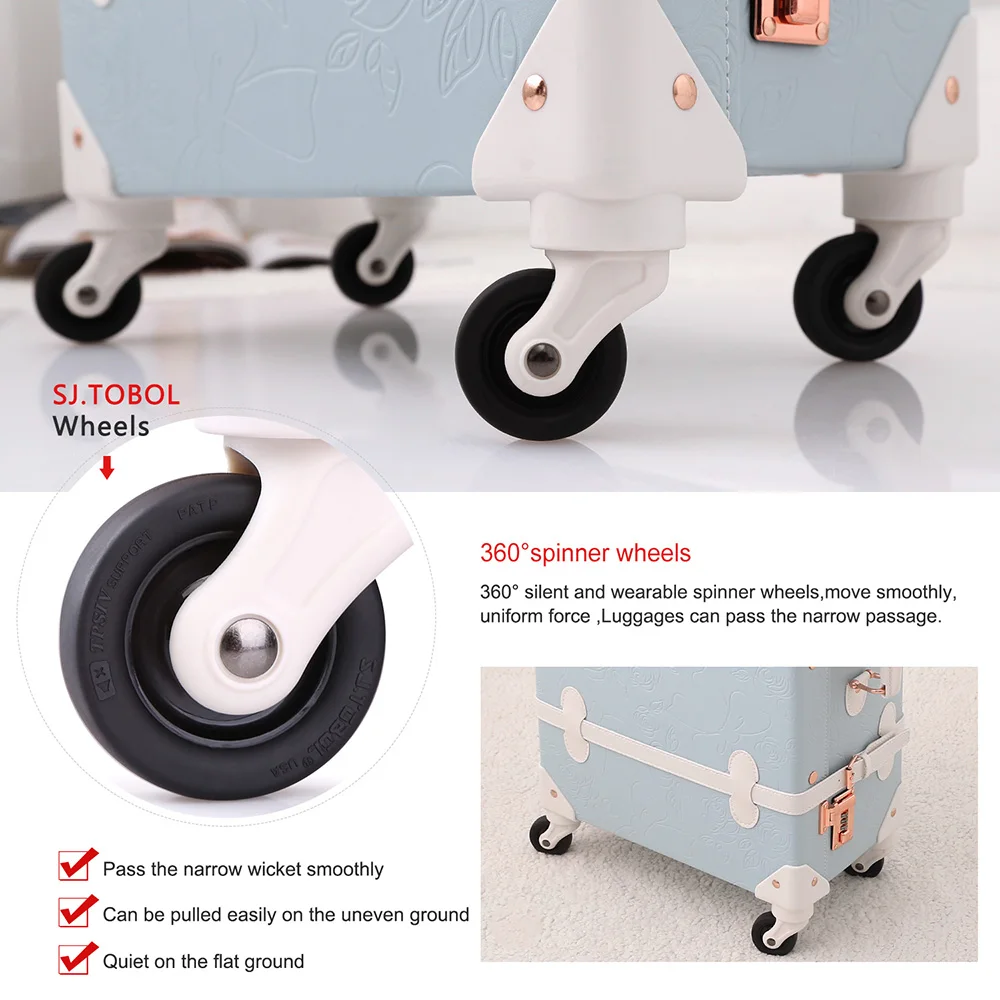 UNIWALKER Light Blue Retro Rolling Luggage with Adjustable Rod Spinner Wheels Vintage Cute Suitcase for Women Carry On