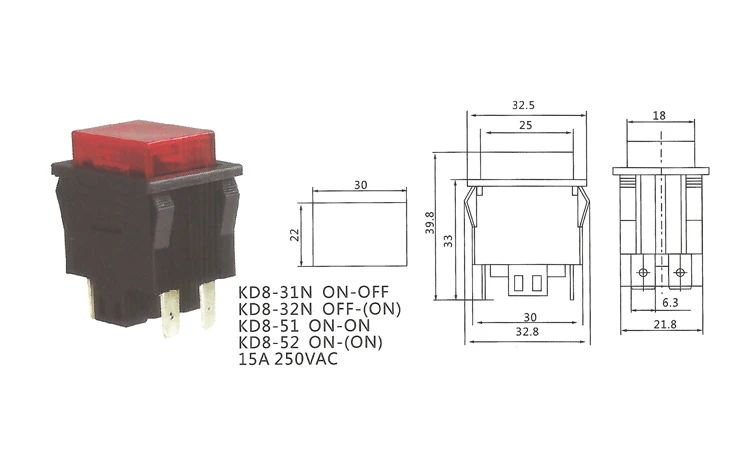 NS240 CE ROHS KD8-51 250VAC ON-ON 15A push button switch square push button switch