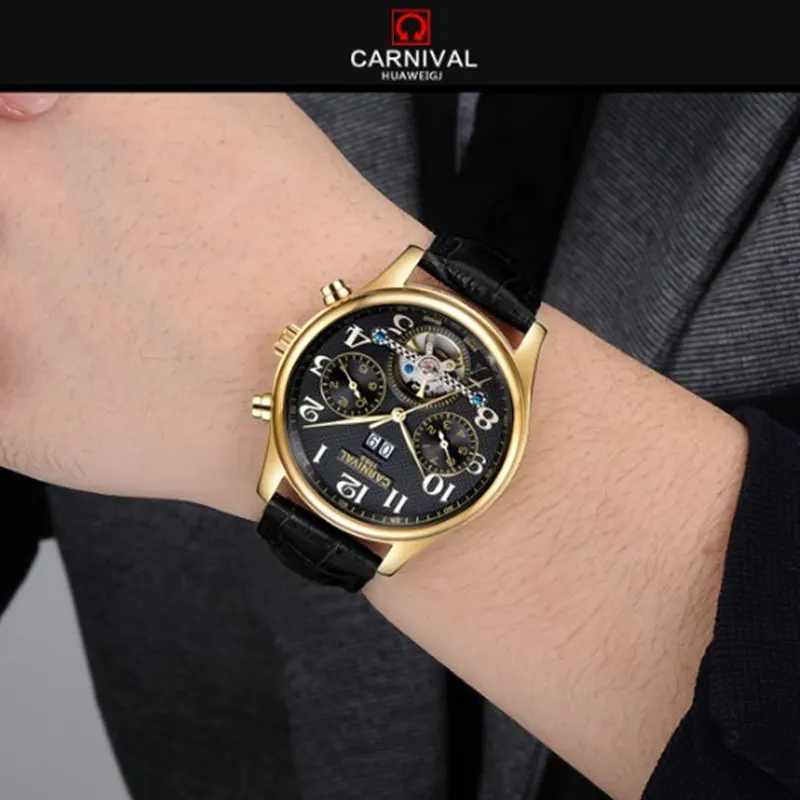 Carnival tourbillon automatic mechanical men watch fashion waterproof full steel china brand watches genuine leather strap male