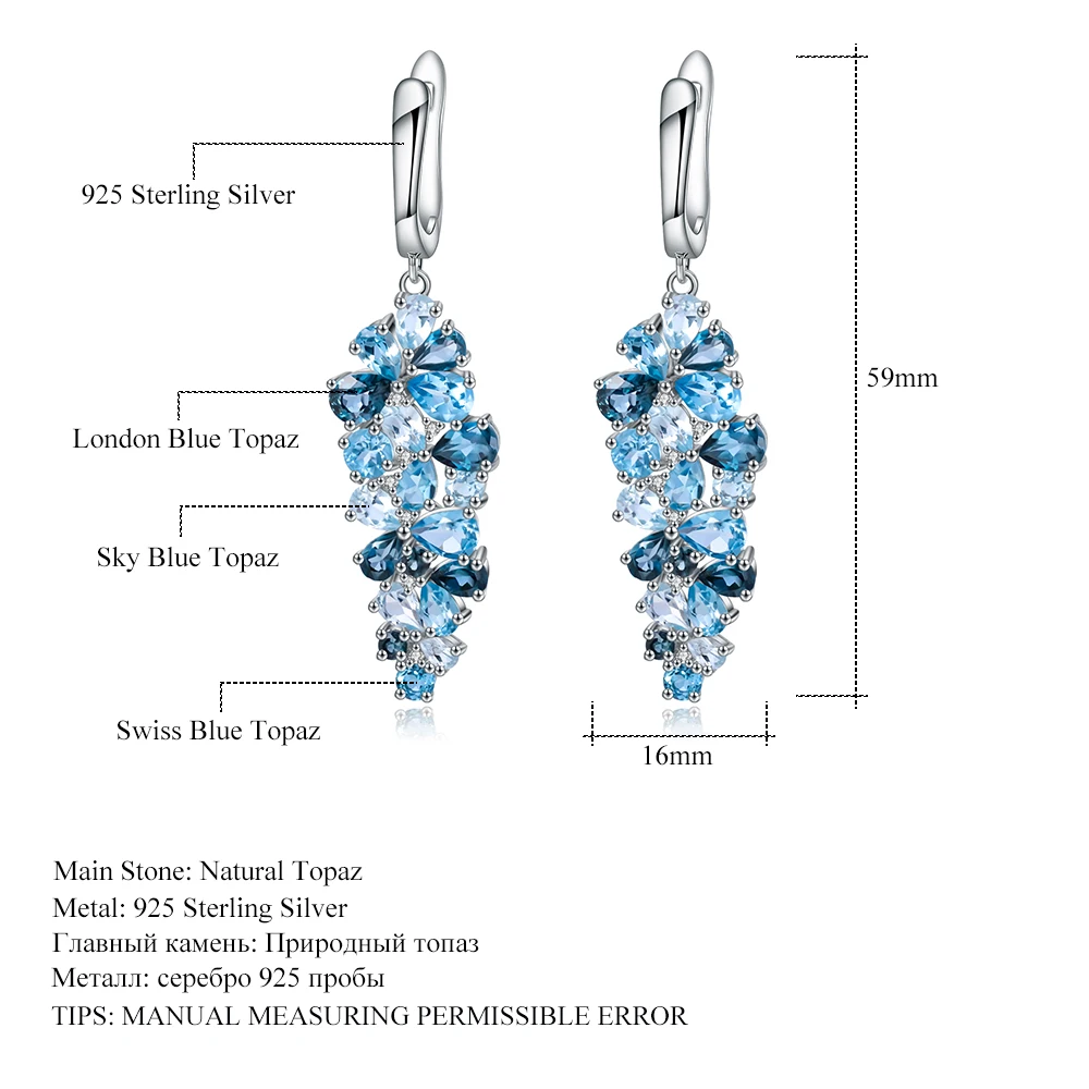 GEM\'S BALLET Natural London Blue Pure Topaz 925 sterling silver Drop Earrings Mix Gemstones Earrings Fashion Jewelry For Women