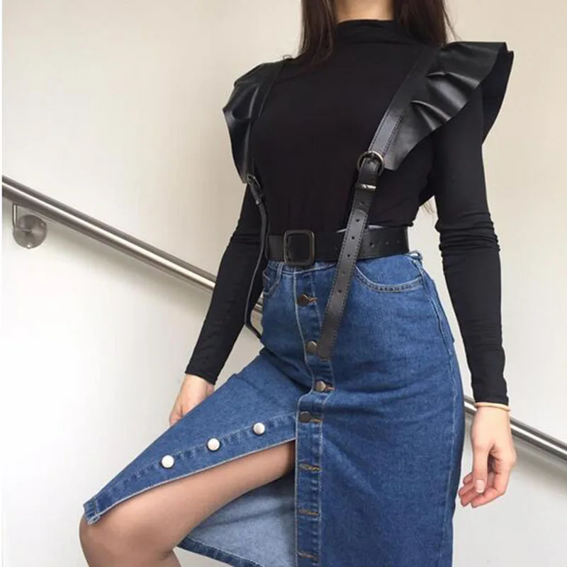 Women Leather Belt Body Bondage Harness Brass Peplum Waist Belt 2023 Suspenders Fashion Dress Coat With Ladies Girdle