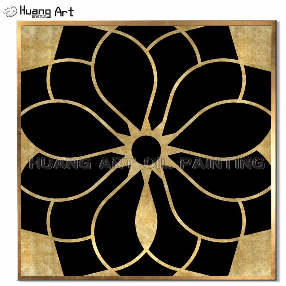 Pure Hand-painted High Quality Abstract Gold Foil Flower Shape Oil Painting on Canvas Modern Black and Gold Foil Oil Painting