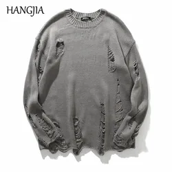 Suéteres de punto rasgados con agujeros para hombre, ropa de calle Unisex, Hip Hop, de gran tamaño, a la moda, ropas de invierno para mujer que combina con todo