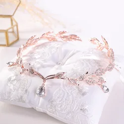 Rose Gold Color Crystal Crown Bridal Hair Accessory Wedding Rhinestone Teardrop Leaf Tiara Headband Frontlet Bride Hair Jewelry